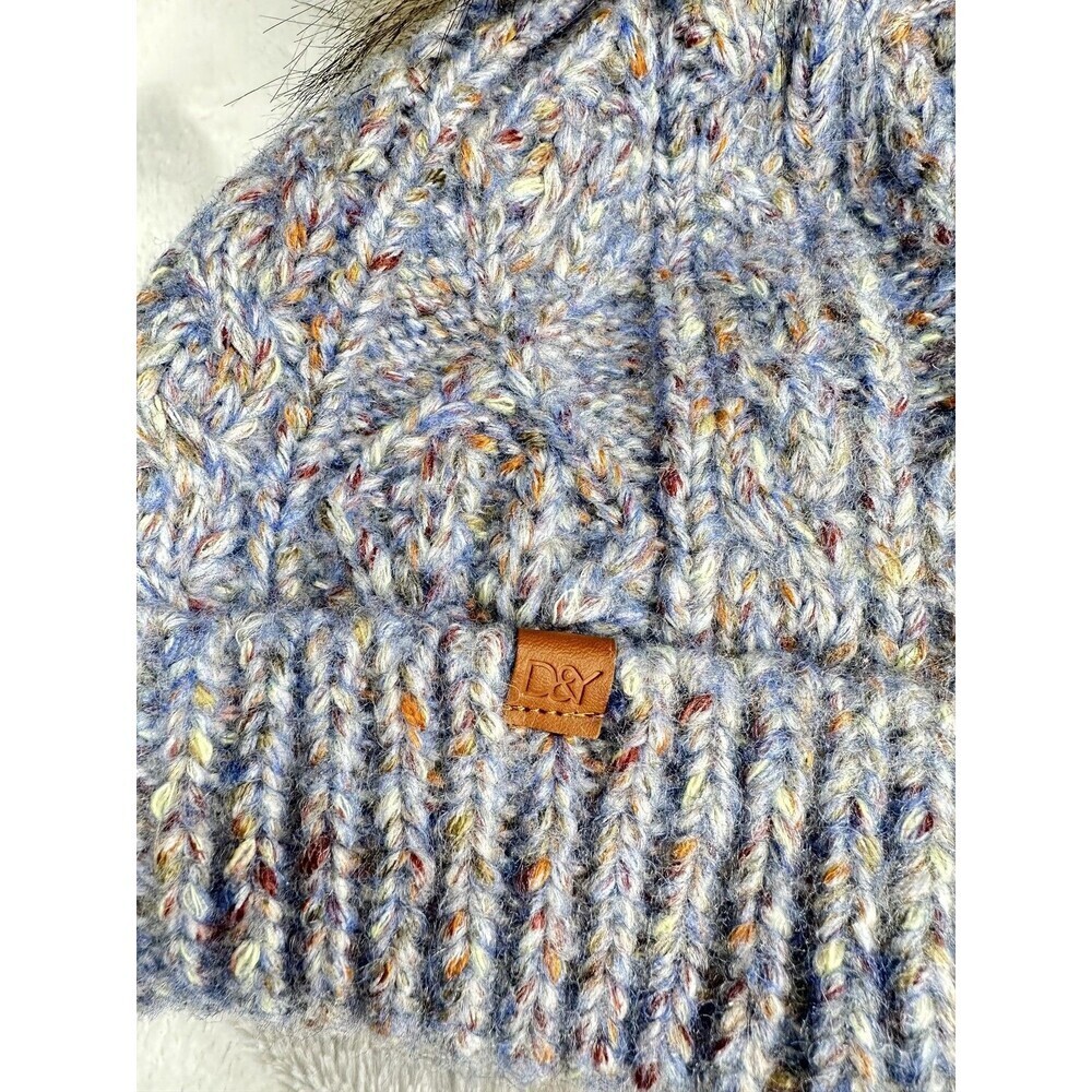 David & Young Hat Cap Beanie OS Blue Speckled Knit Faux Fur Pom Womens Winter - Picture 2 of 4